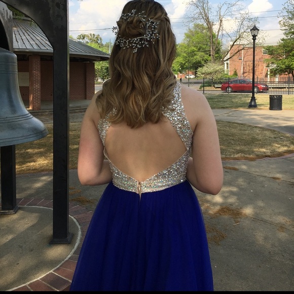 Beautiful Royal Blue prom dress with beaded/sparkly high neck bodice. Worn once. - Picture 5 of 6